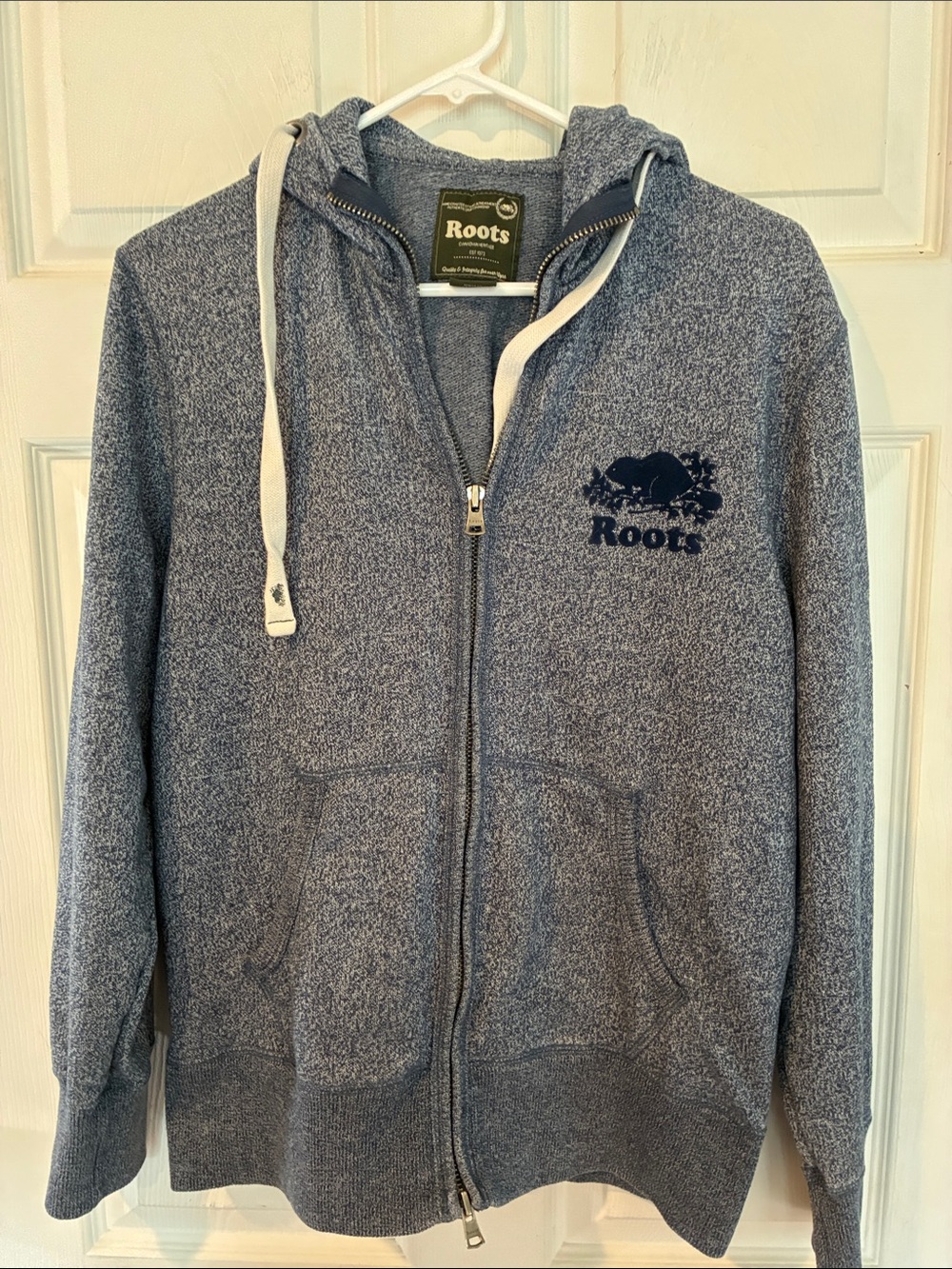 Roots Size XS Heather Navy Zip-Up Hoodie with White Drawstrings